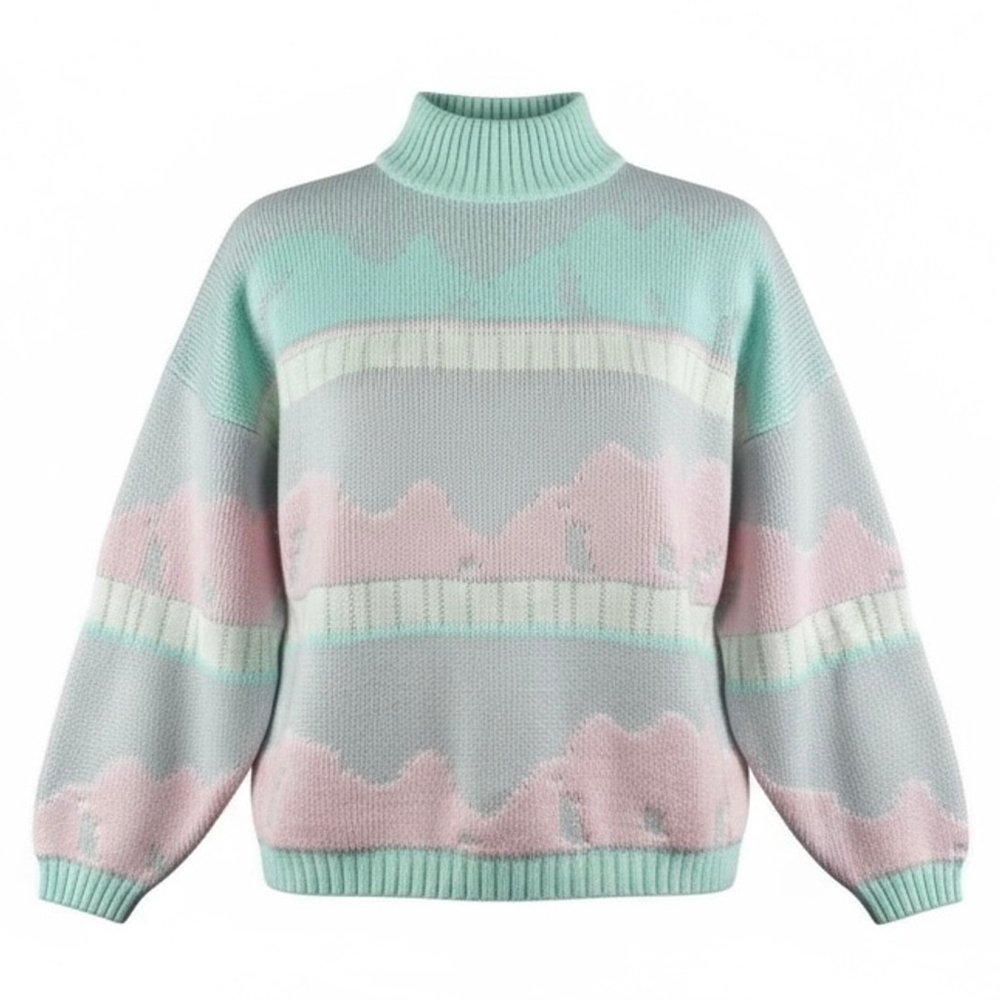 Vintage Ivonne Marie Pastel Knit Sweater Colorblock Long Sleeve Mock Neck MEDIUM